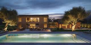 Rendering fotorealistico di esterno - Villa notturna piscina ulivi - Archivision Studio