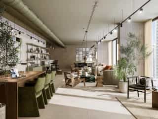 Rendering fotorealistico di interno - Lounge design naturale - Archivision Studio