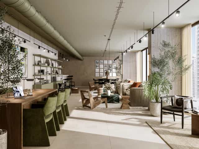Rendering fotorealistico di interno - Lounge design naturale - Archivision Studio