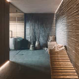 Rendering fotorealistico di interno - Spa pietra legno - Archivision Studio