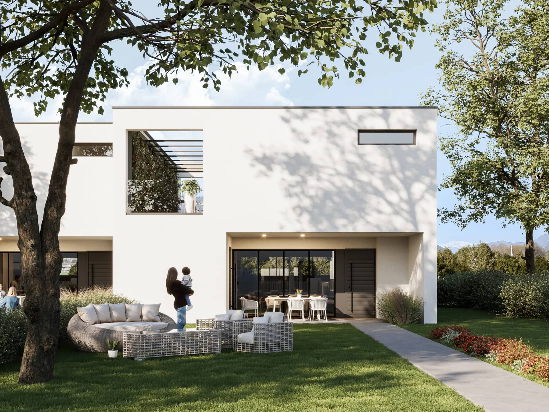 Rendering fotorealistico di esterno - Villa bianca moderna terrazza - Archivision Studio