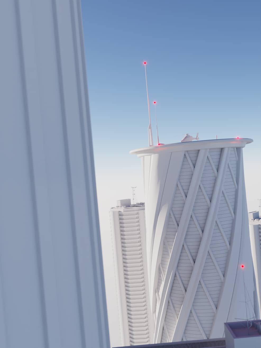 Rendering di un palazzo moderno con sopra un elicottero, in primo piano c'è un drone in volo. Immagine in stile rendering base in bianco e nero.