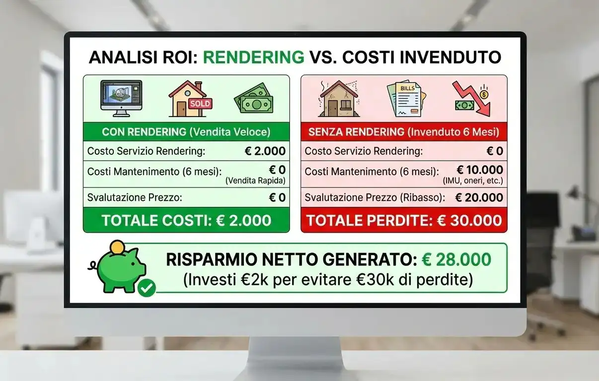 Infografica ROI del rendering: investimento 2.000€ vs risparmio 30.000€