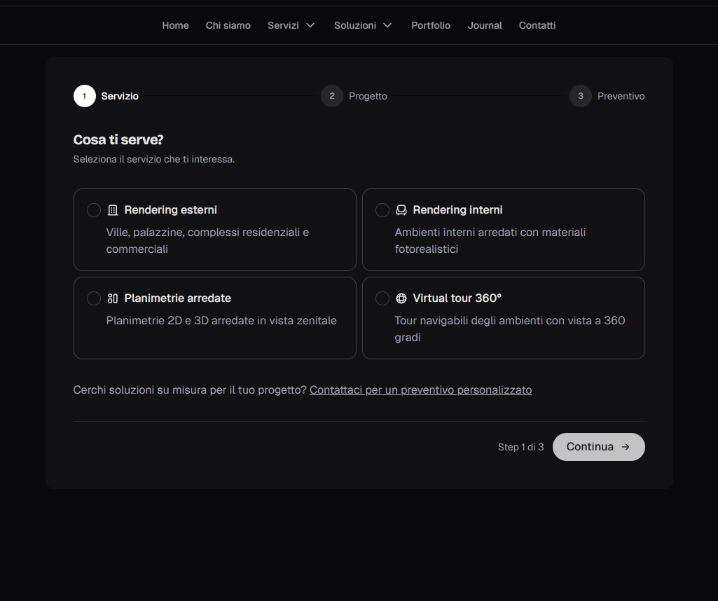 Calcolatore preventivo rendering online Archivision: l'interfaccia con i campi servizio, quantità e complessità