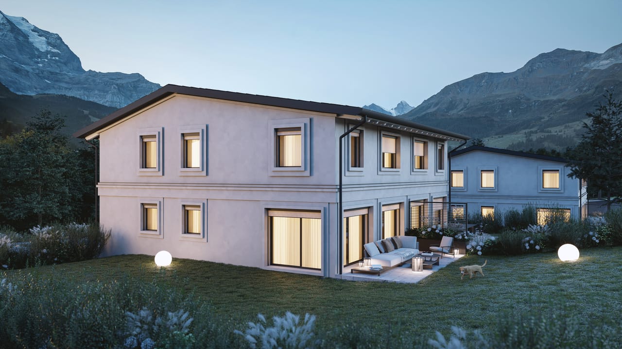 Rendering fotorealistico di esterno - Bifamiliari moderne svizzera notturno - Archivision Studio