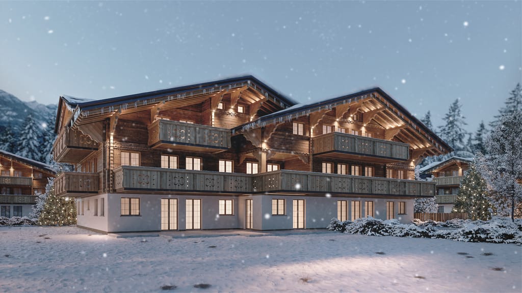 Rendering fotorealistico di esterno - Chalet di montagna svizzera inverno - Archivision Studio