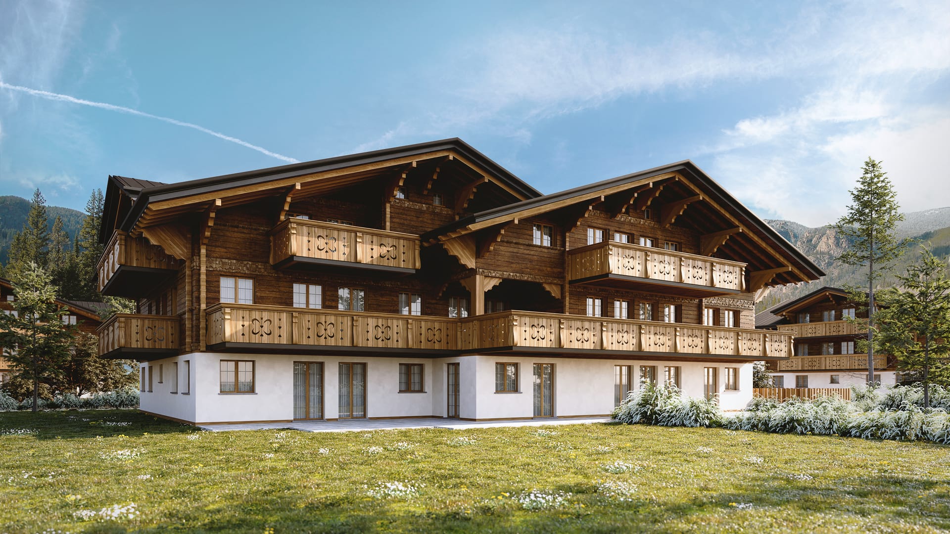 Rendering fotorealistico di esterno - Chalet di montagna svizzera - Archivision Studio