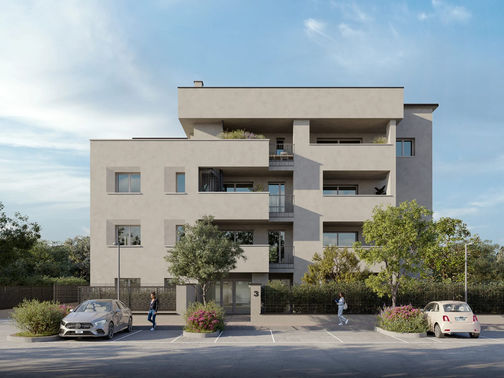 Rendering fotorealistico di esterno - Palazzina residenziale moderna balconi frontale - Archivision Studio