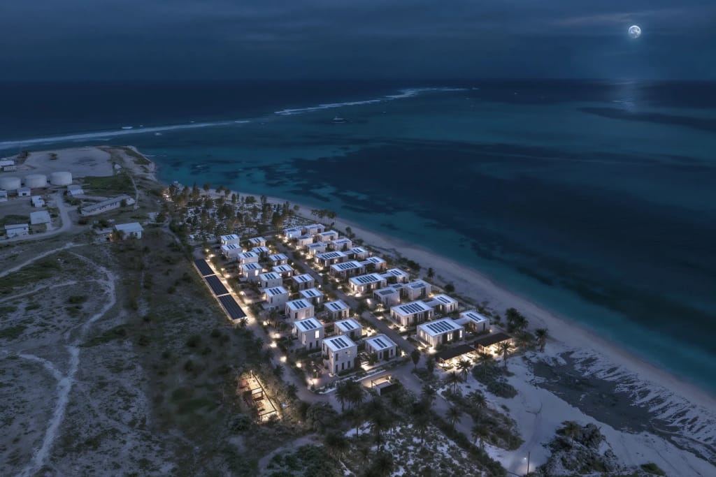 Rendering fotorealistico di esterno - Resort notturno caicos - Archivision Studio