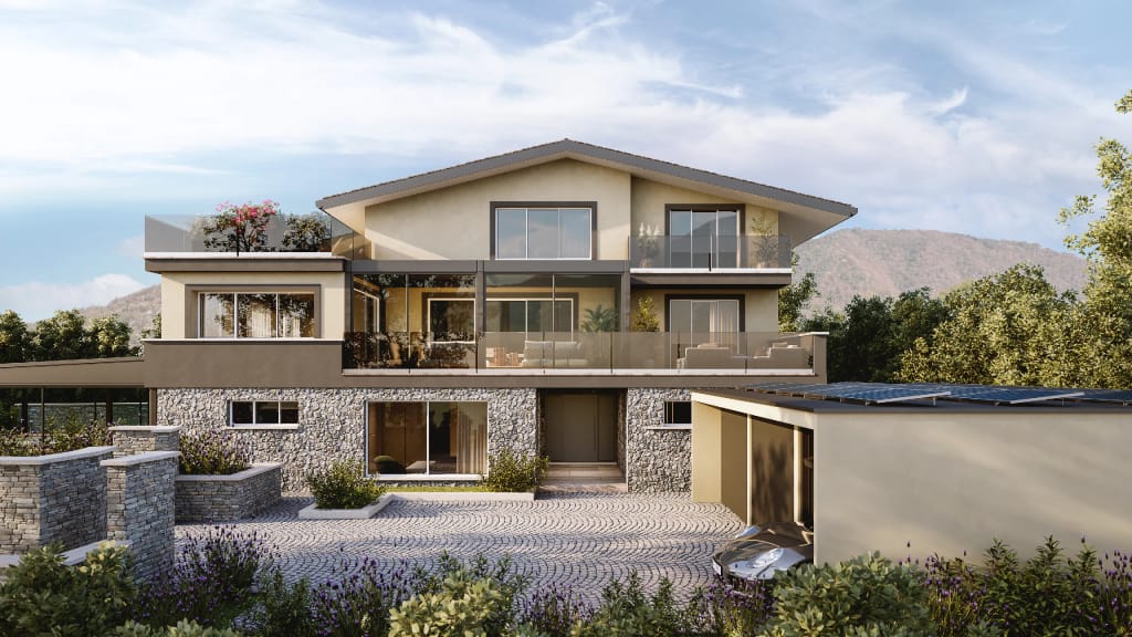 Rendering fotorealistico di esterno - Villa moderna collina pietra terrazze vetrate - Archivision Studio
