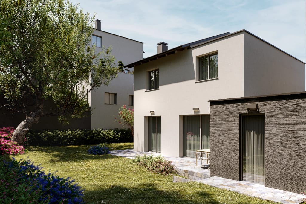 Rendering fotorealistico di esterno - Villa moderna intonaco mattoni giardino - Archivision Studio