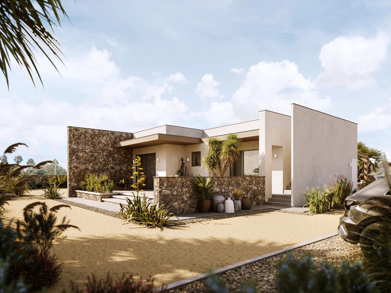 Rendering fotorealistico di esterno - Villa moderna pietra giardino mediterraneo agavi - Archivision Studio