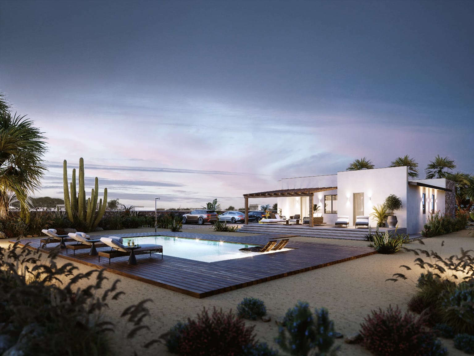 Rendering fotorealistico di esterno - Villa moderna piscina tramonto deck illuminato - Archivision Studio