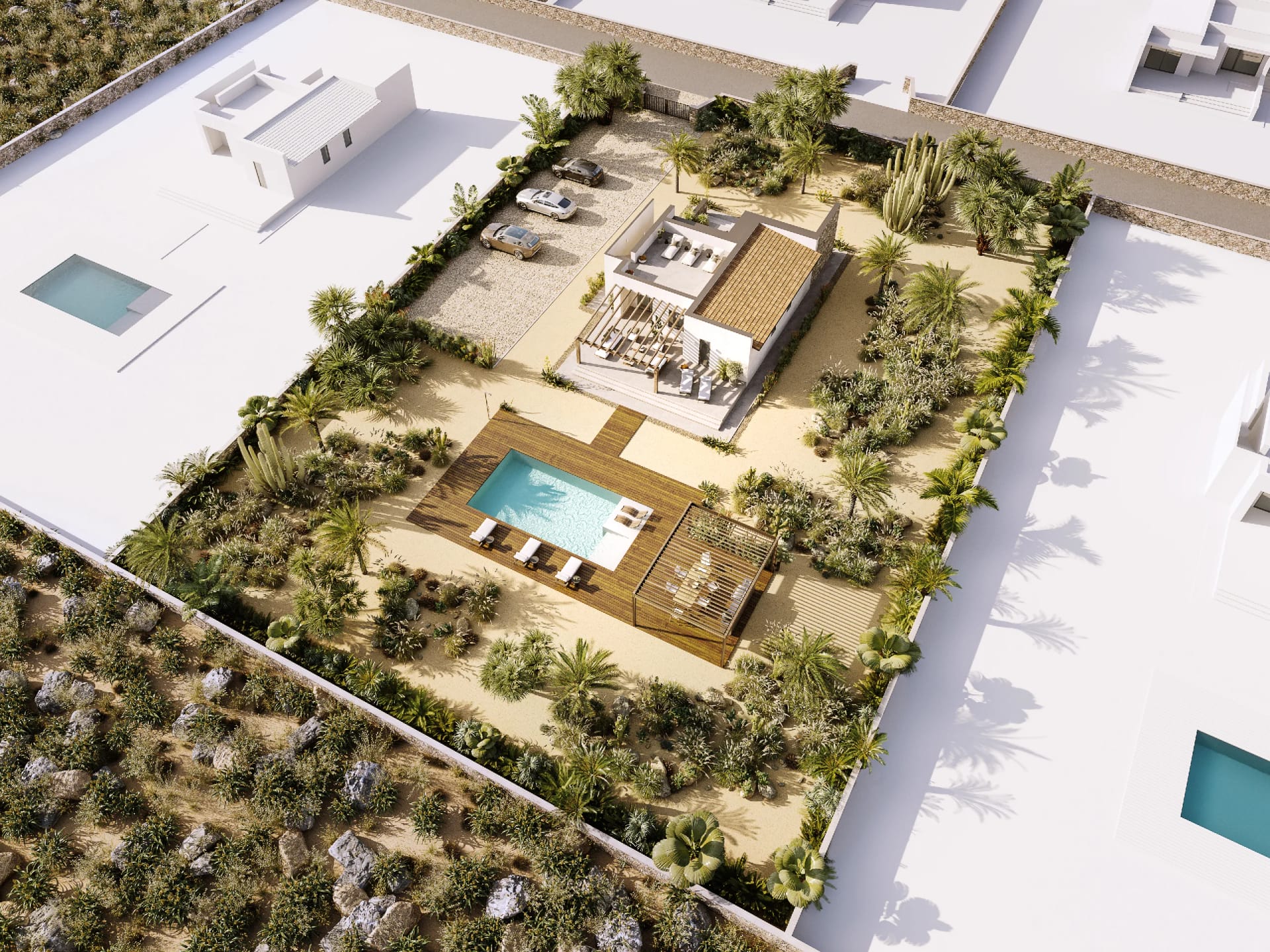 Rendering fotorealistico di esterno - Villa moderna vista aerea piscina palme - Archivision Studio