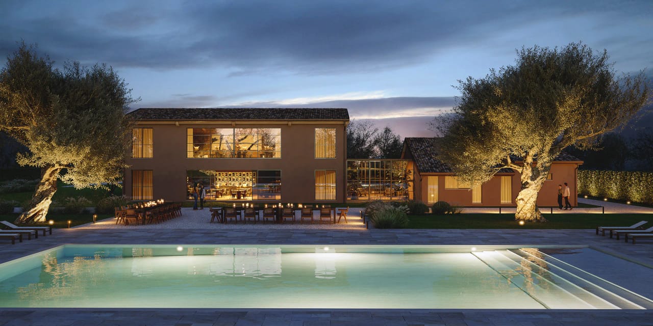 Rendering fotorealistico di esterno - Villa notturna piscina ulivi - Archivision Studio