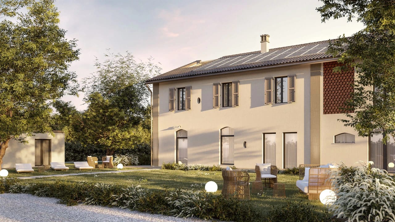 Rendering fotorealistico di esterno - Villa rustica toscana giardino - Archivision Studio