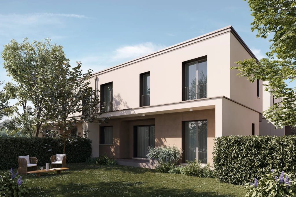 Rendering fotorealistico di esterno - Villa schiera moderna giardino - Archivision Studio