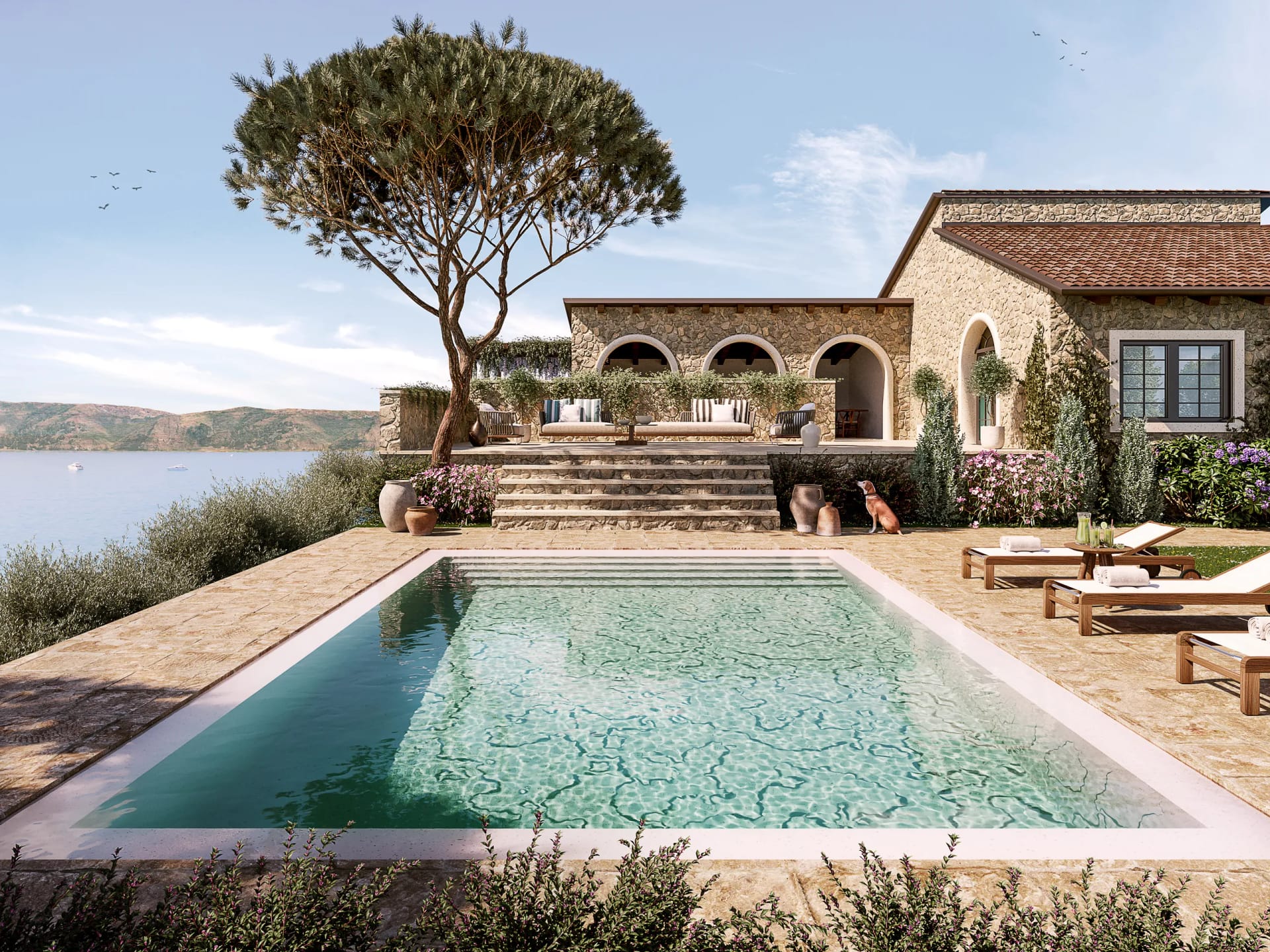 Rendering fotorealistico di esterno - Villa toscana piscina - Archivision Studio