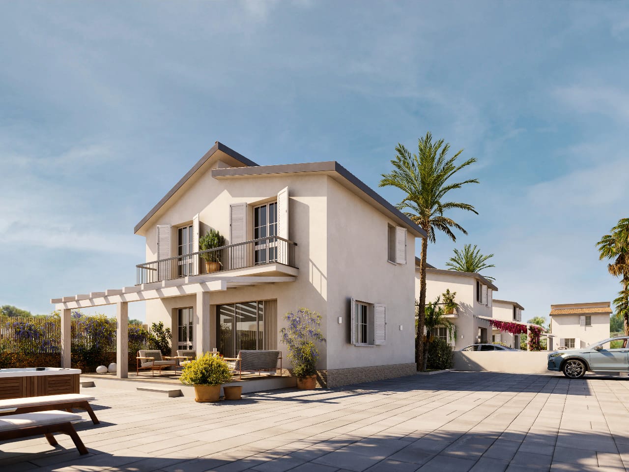 Rendering fotorealistico di esterno - Villetta mediterranea vista angolo pergolato terrazza - Archivision Studio