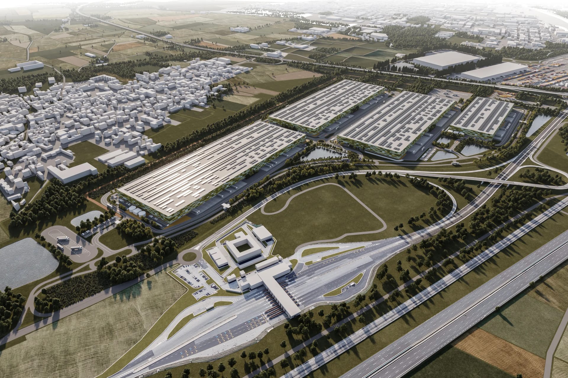 Rendering fotorealistico di esterno - Zona industriale aerea - Archivision Studio