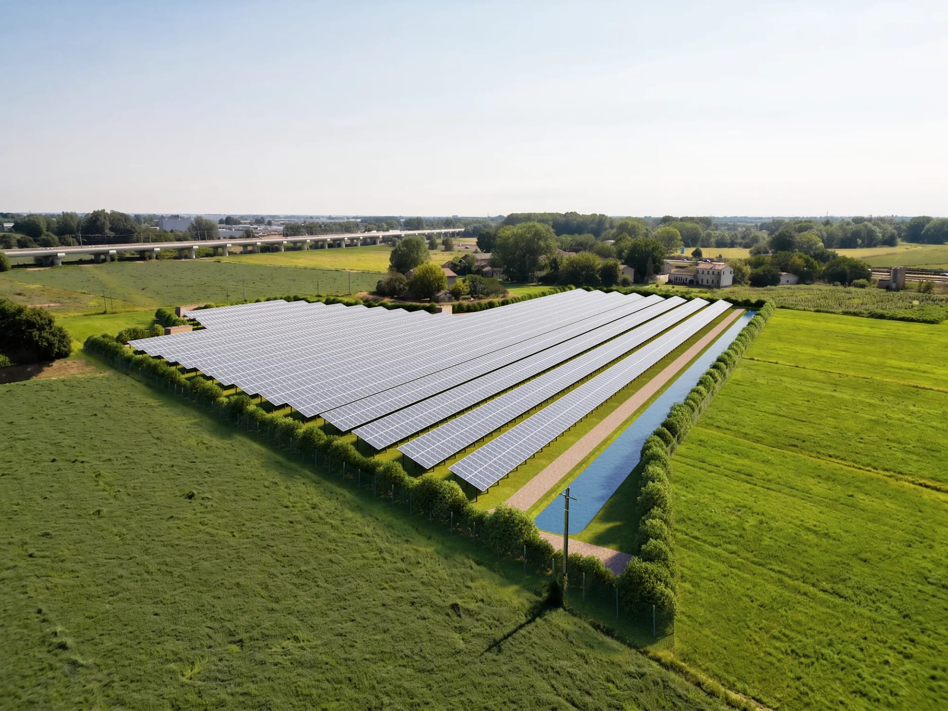 Fotoinserimento dall'alto di un impianto fotovoltaico a terra con la fascia di mitigazione lungo il perimetro e il canale