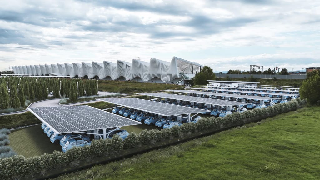 Pensiline fotovoltaiche parcheggio fotoinserimento - Archivision Studio