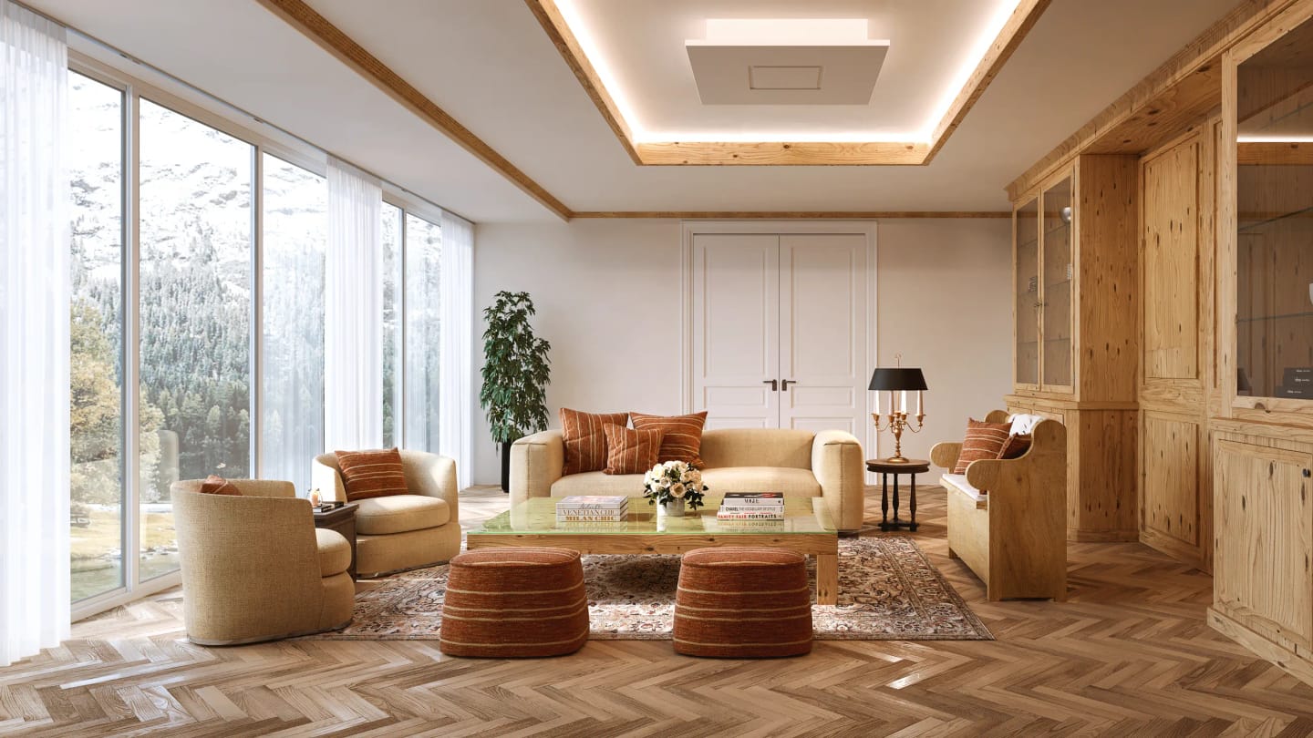 Rendering fotorealistico di interno - Appartamento montagna - Archivision Studio