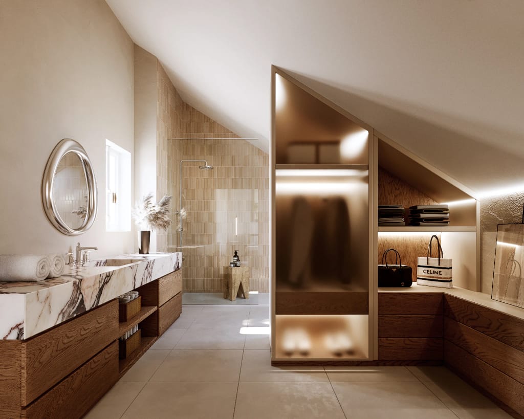 Rendering fotorealistico di interno - Bagno mansarda marmo cabina armadio legno - Archivision Studio