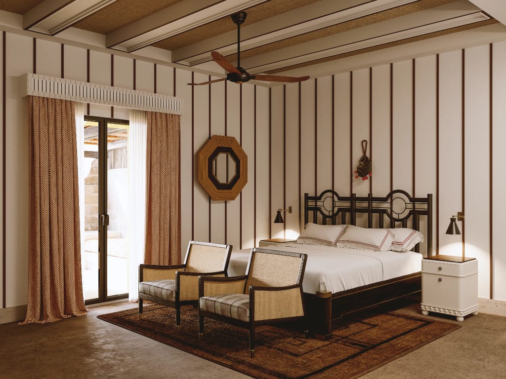 Rendering fotorealistico di interno - Camera da letto coloniale rattan ventilatore - Archivision Studio