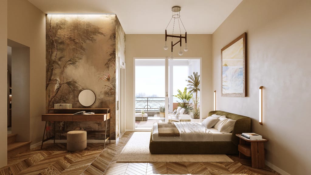 Rendering fotorealistico di interno - Camera da letto parete botanica scrittoio parquet - Archivision Studio
