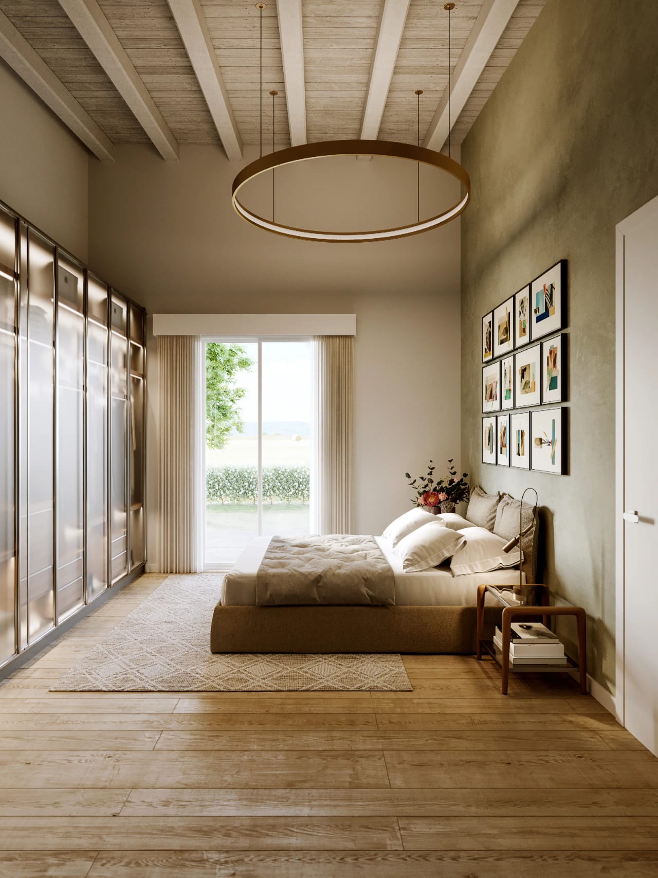 Rendering fotorealistico di interno - Camera da letto parete verde lampadario circolare - Archivision Studio