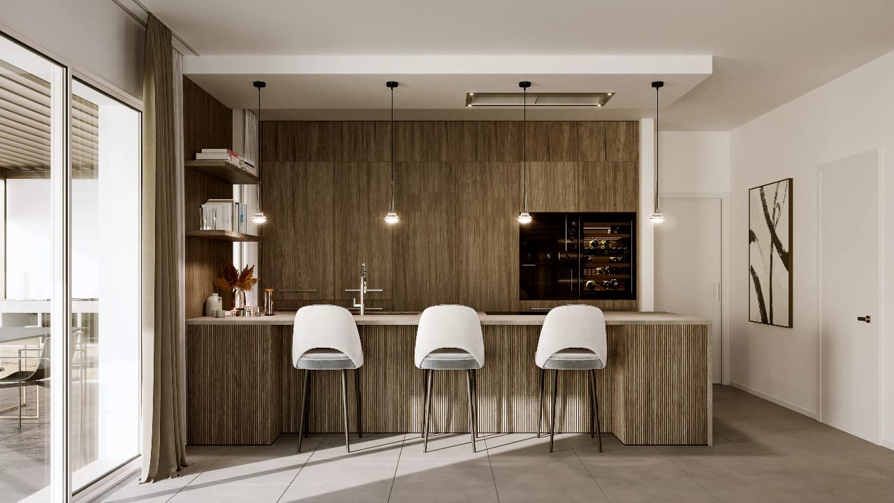 Rendering fotorealistico di interno - Cucina moderna legno isola sgabelli bianchi - Archivision Studio