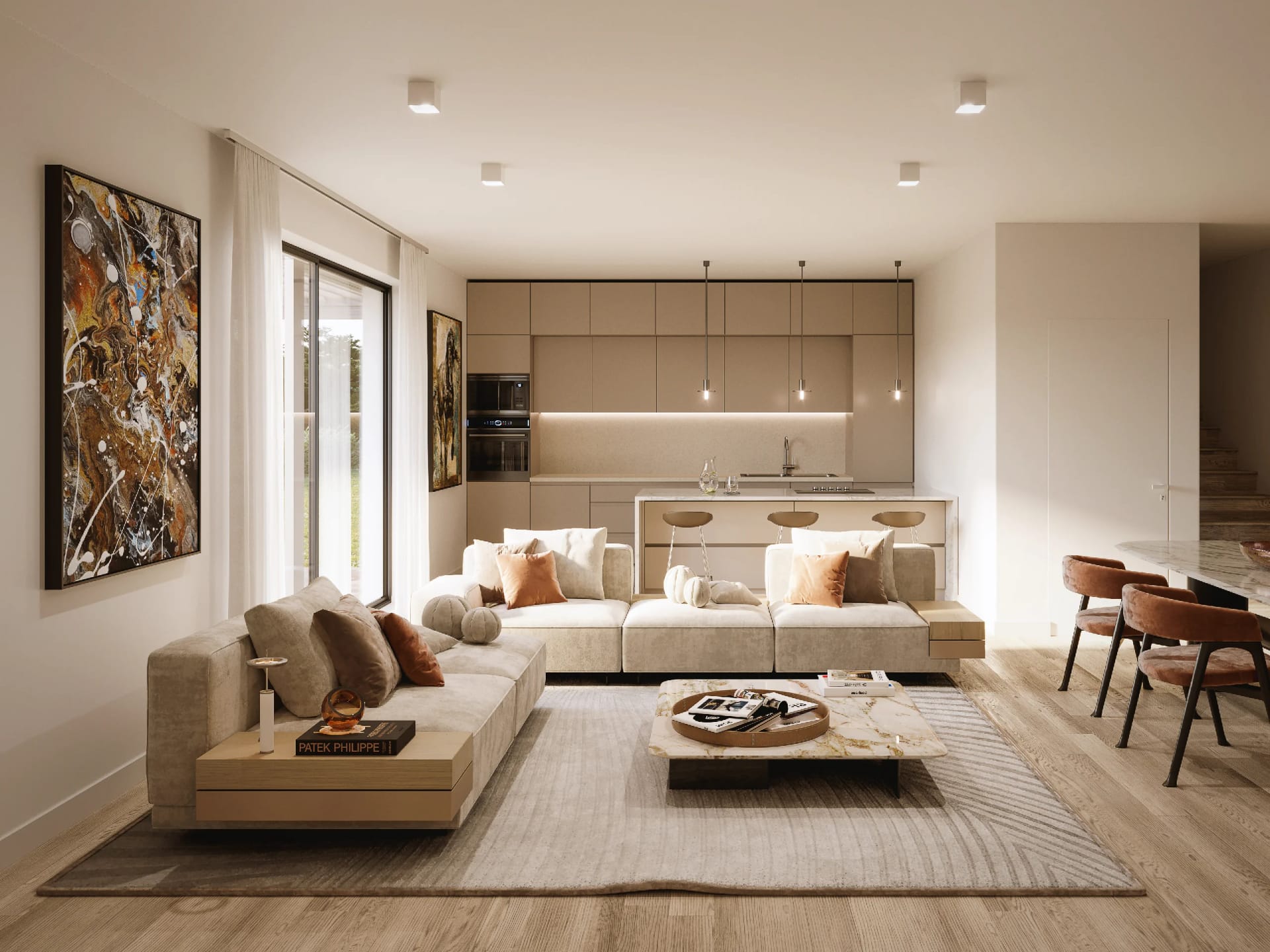 Rendering fotorealistico di interno - Soggiorno cucina open space isola tortora - Archivision Studio