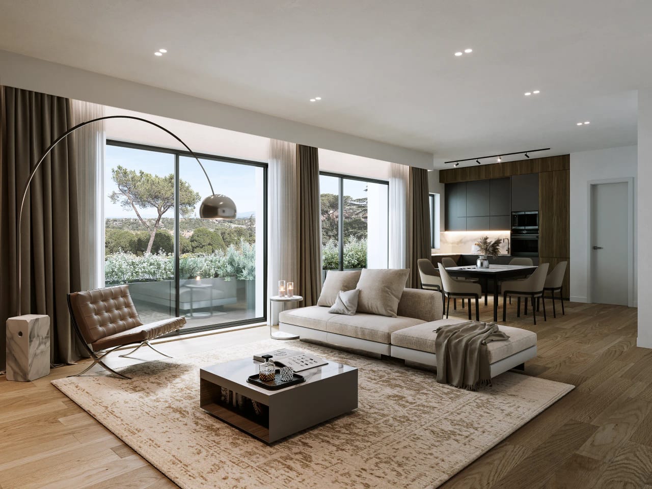 Rendering fotorealistico di interno - Soggiorno moderno terrazza vista - Archivision Studio