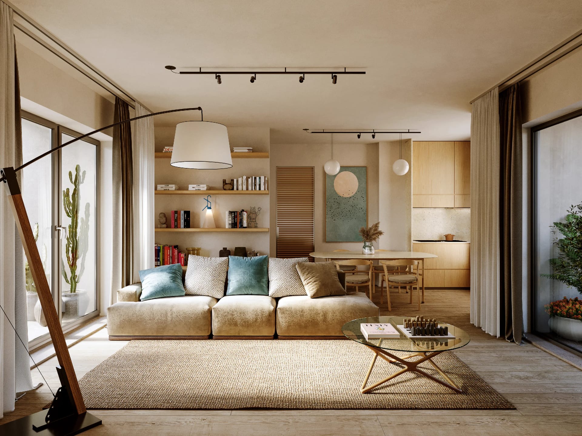 Rendering fotorealistico di interno - Soggiorno pranzo open space divano sabbia - Archivision Studio