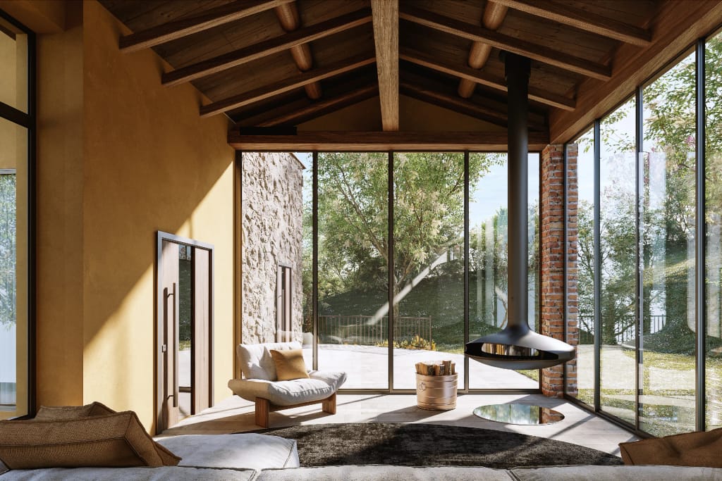 Rendering fotorealistico di interno - Soggiorno rustico camino sospeso grandi vetrate - Archivision Studio