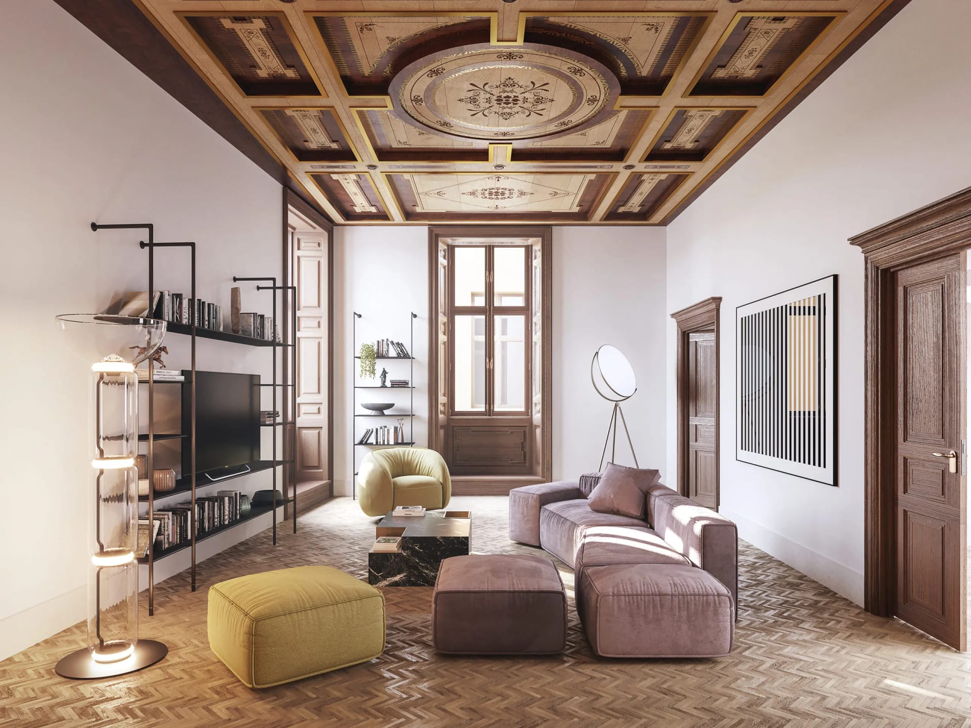 Rendering fotorealistico di salotto neoclassico in villa a Roma con soffitto decorato e arredo moderno - Archivision.