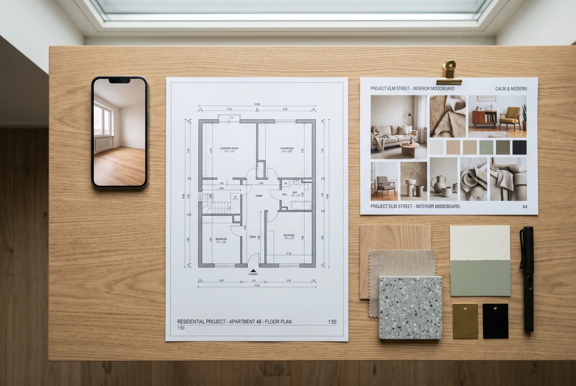 Example of materials to send the rendering studio: floor plan, photos, and references