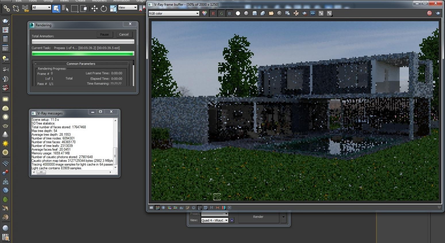 Laufender 3D-Rendering-Prozess in professioneller Software