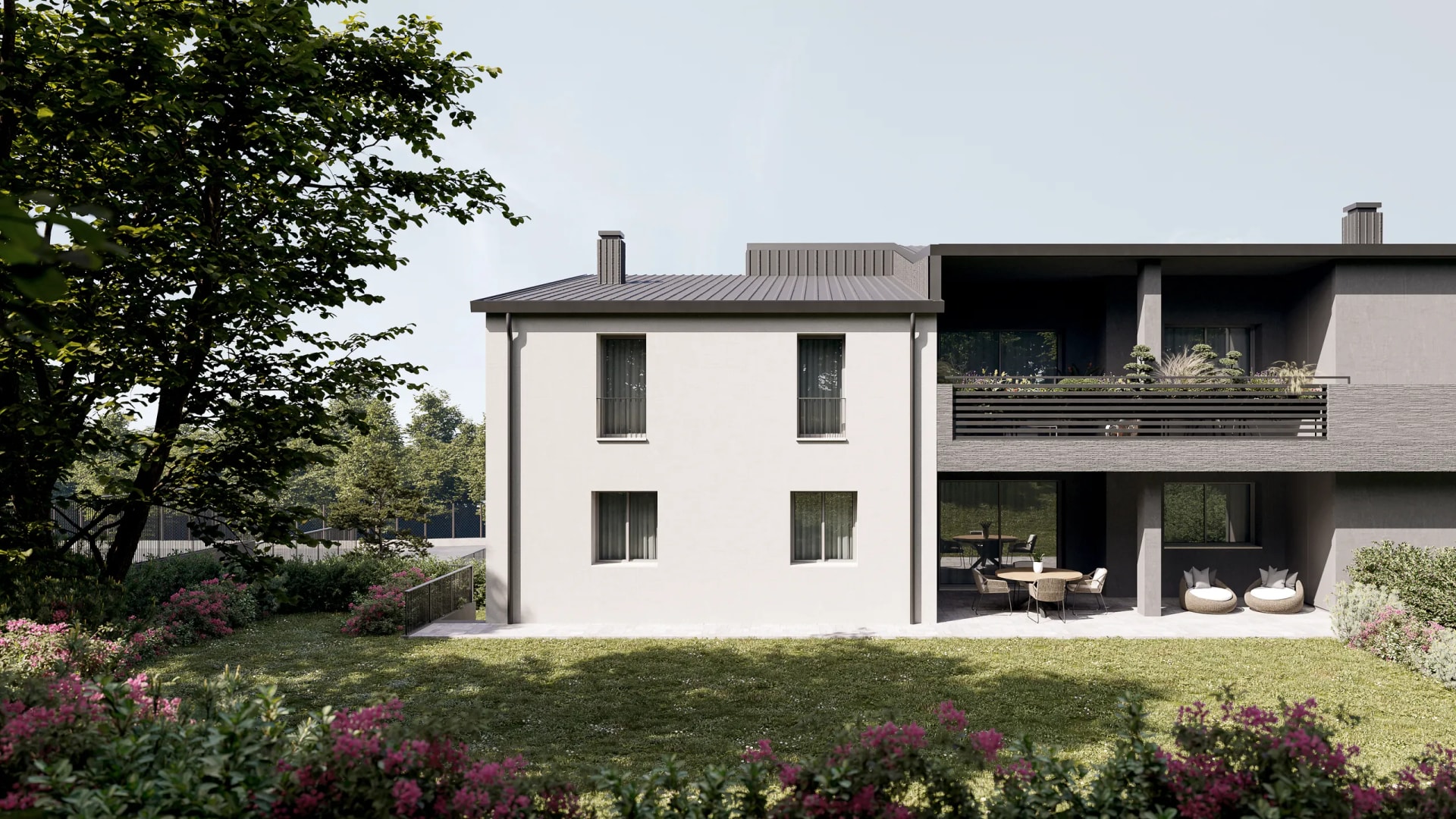 Rendering fotorealistico di esterno - Condominio giardino dozza - Archivision Studio