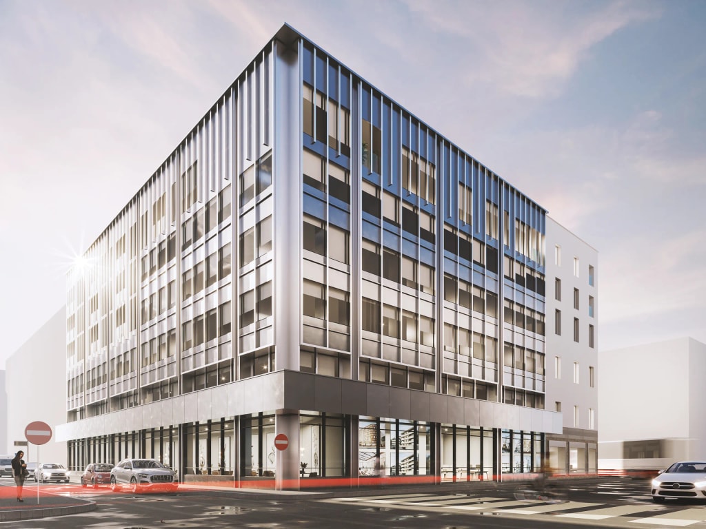Rendering of a commercial building in an urban context