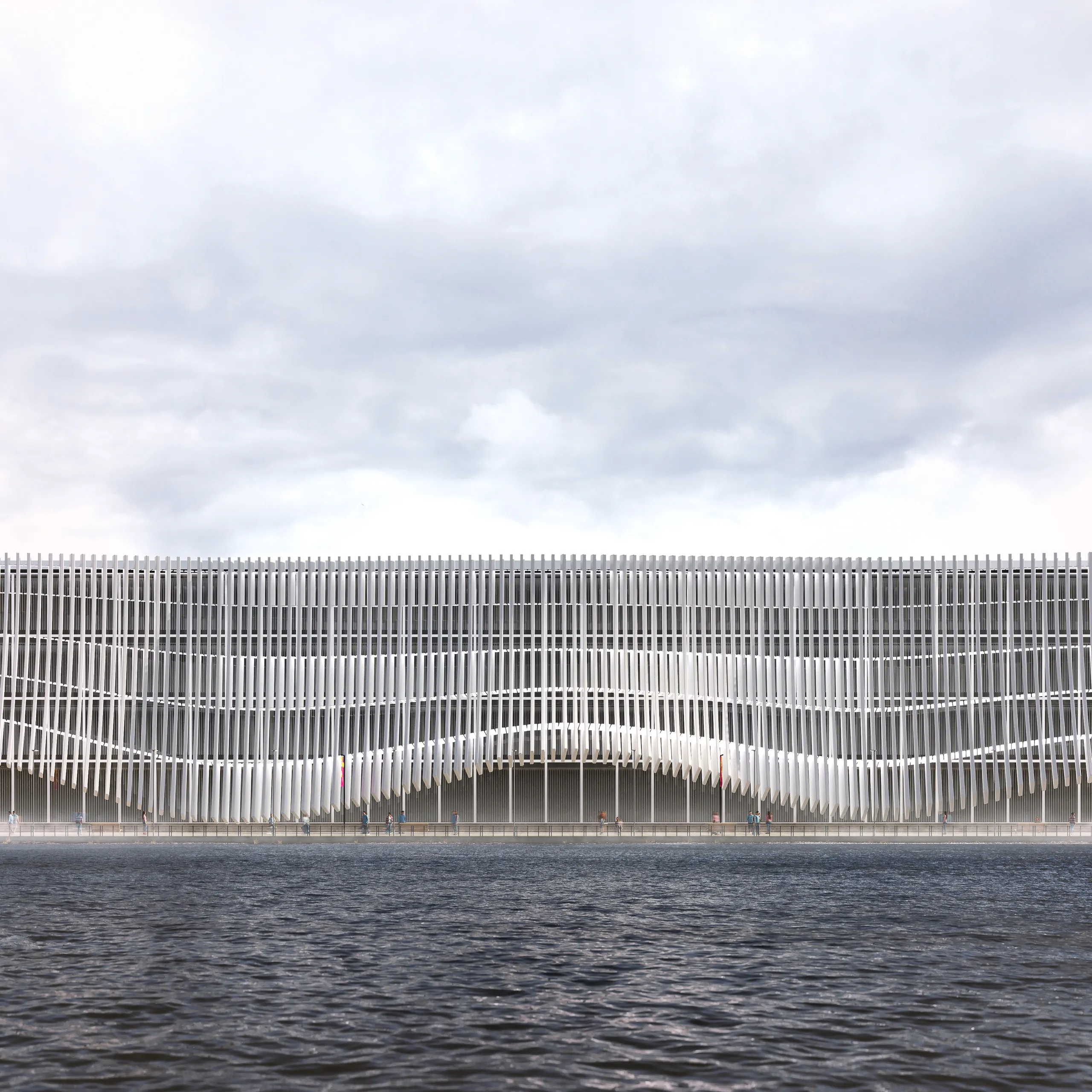 Rendering fotorealistico di esterno - Edificio facciata lamelle lungomare - Archivision Studio