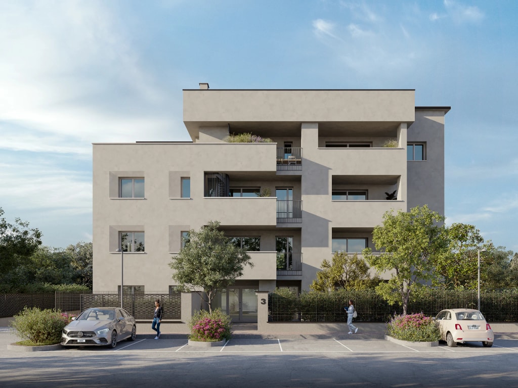 Rendering fotorealistico di esterno - Palazzina residenziale moderna balconi frontale - Archivision Studio
