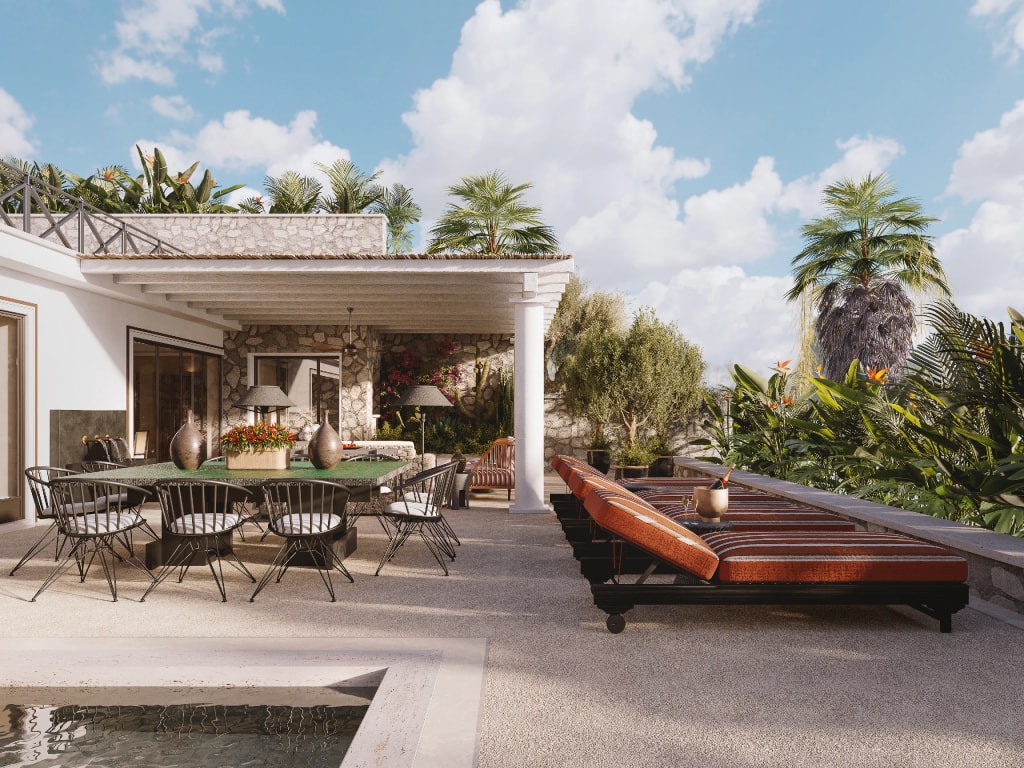 Rendering fotorealistico di esterno - Terrazza mediterranea portico pietra piscina - Archivision Studio