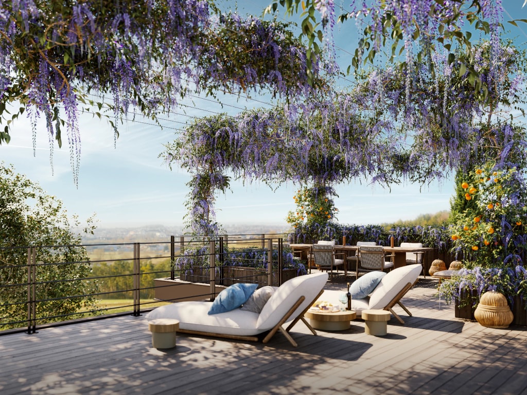 Rendering fotorealistico di esterno - Terrazza panoramica glicine lettini colline - Archivision Studio