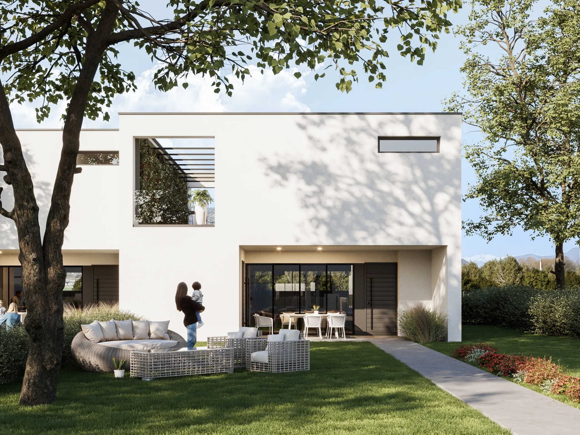 Rendering fotorealistico di esterno - Villa bianca moderna terrazza - Archivision Studio