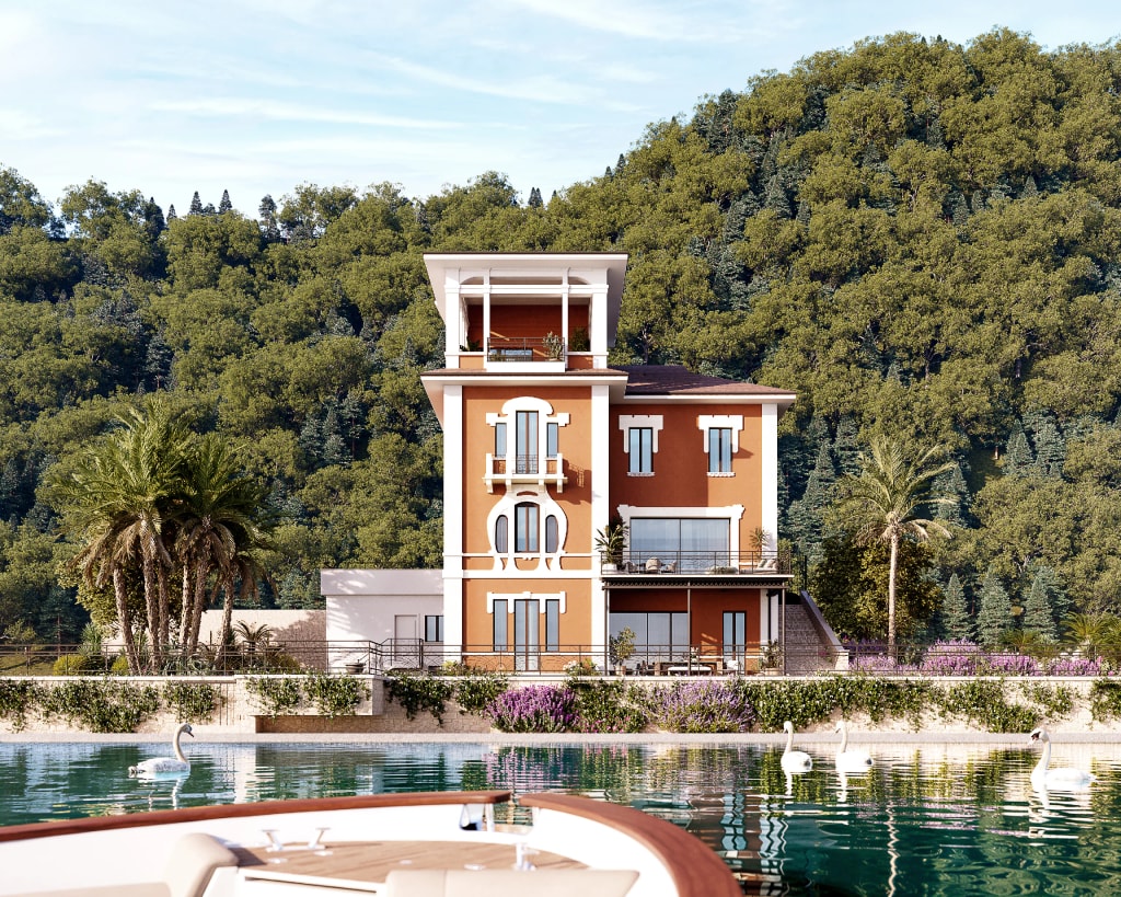 Rendering fotorealistico di esterno - Villa liberty terracotta lago barca cigni - Archivision Studio