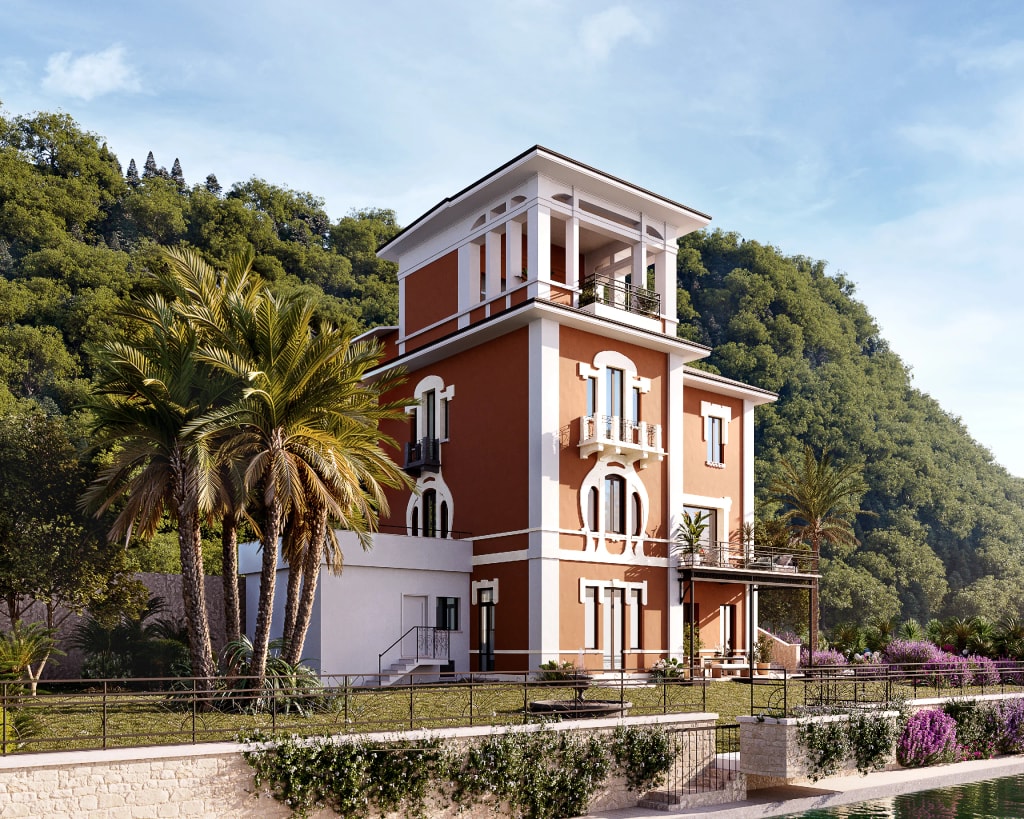 Rendering fotorealistico di esterno - Villa liberty terracotta torre belvedere palme - Archivision Studio