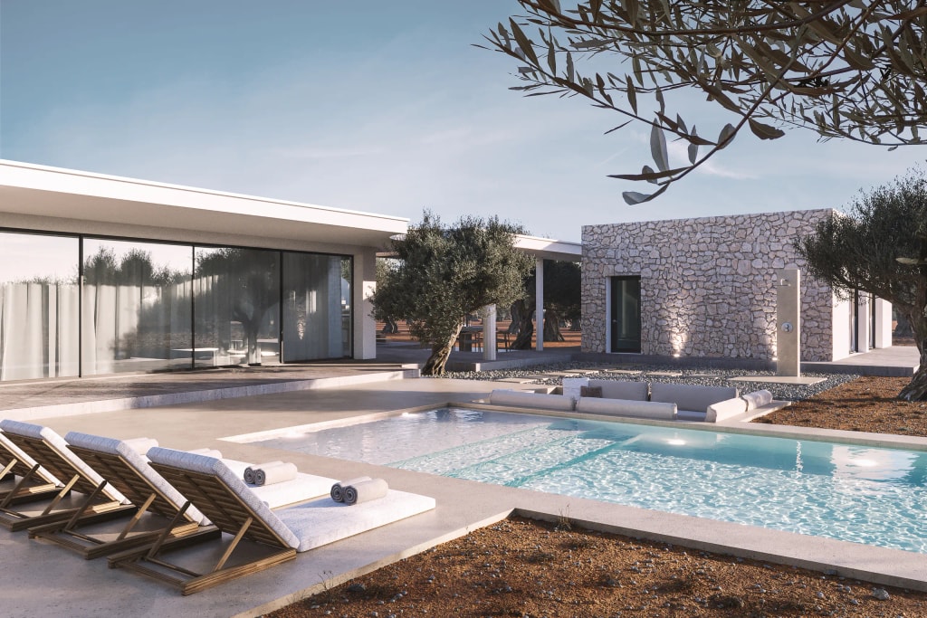 Rendering of a modern Mediterranean villa with a pool