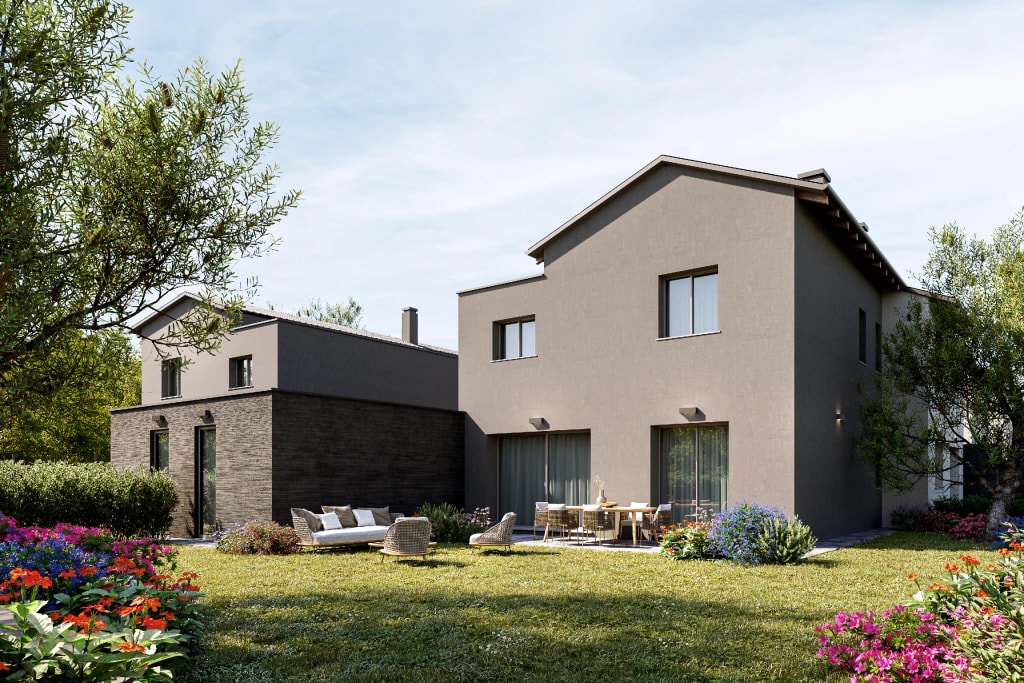 Rendering fotorealistico di esterno - Villa moderna tortora mattoni giardino fiorito - Archivision Studio